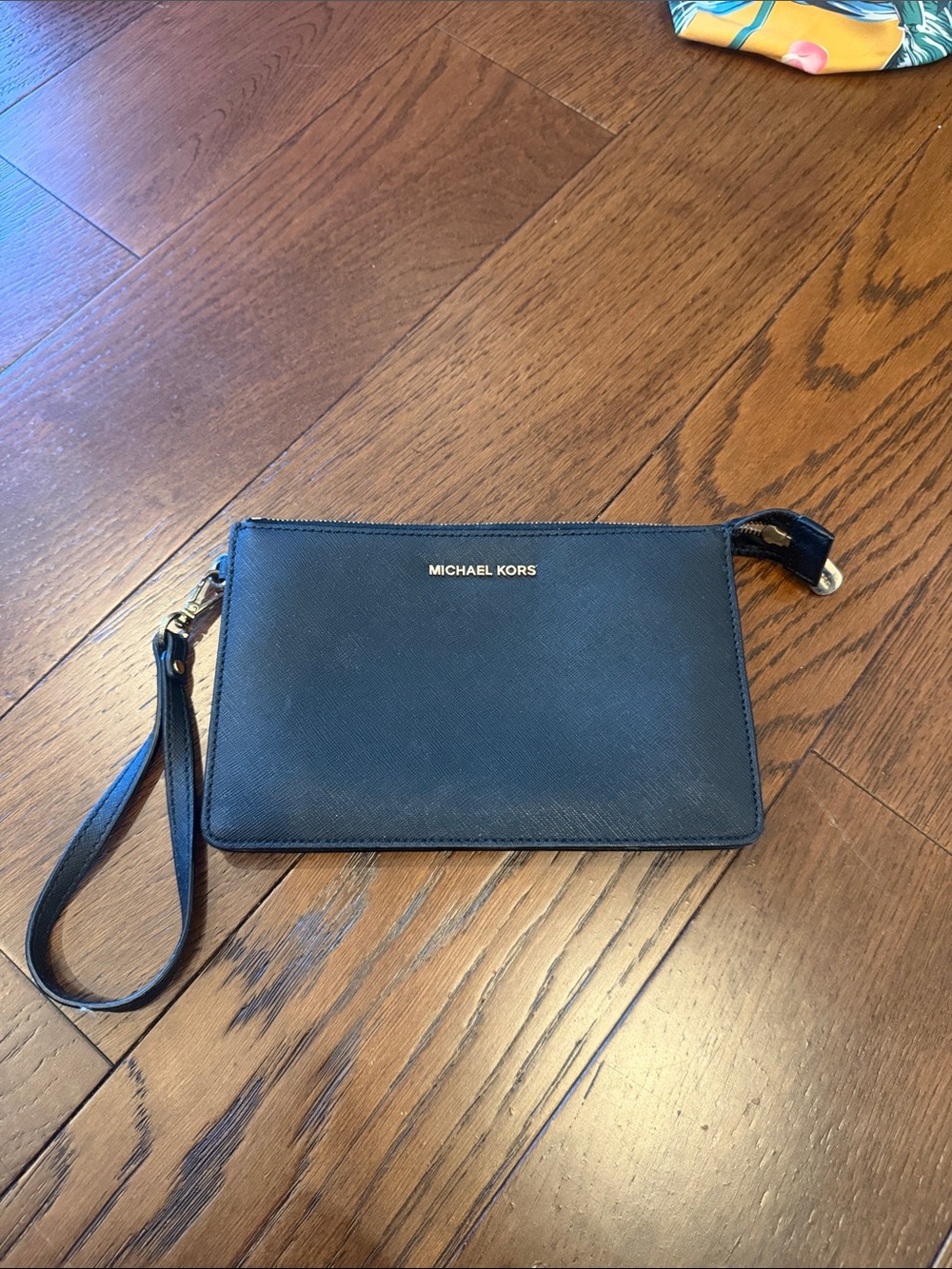 Michael Kors Black Leather Wristlet Pouch with Gold Logo